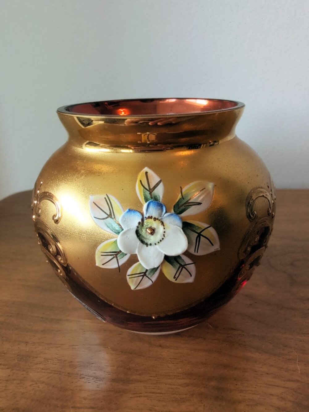 Vintage 3" Bohemian Czech Hand Decorated Ruby & Gold Glass Bud Vase Gilded 3D